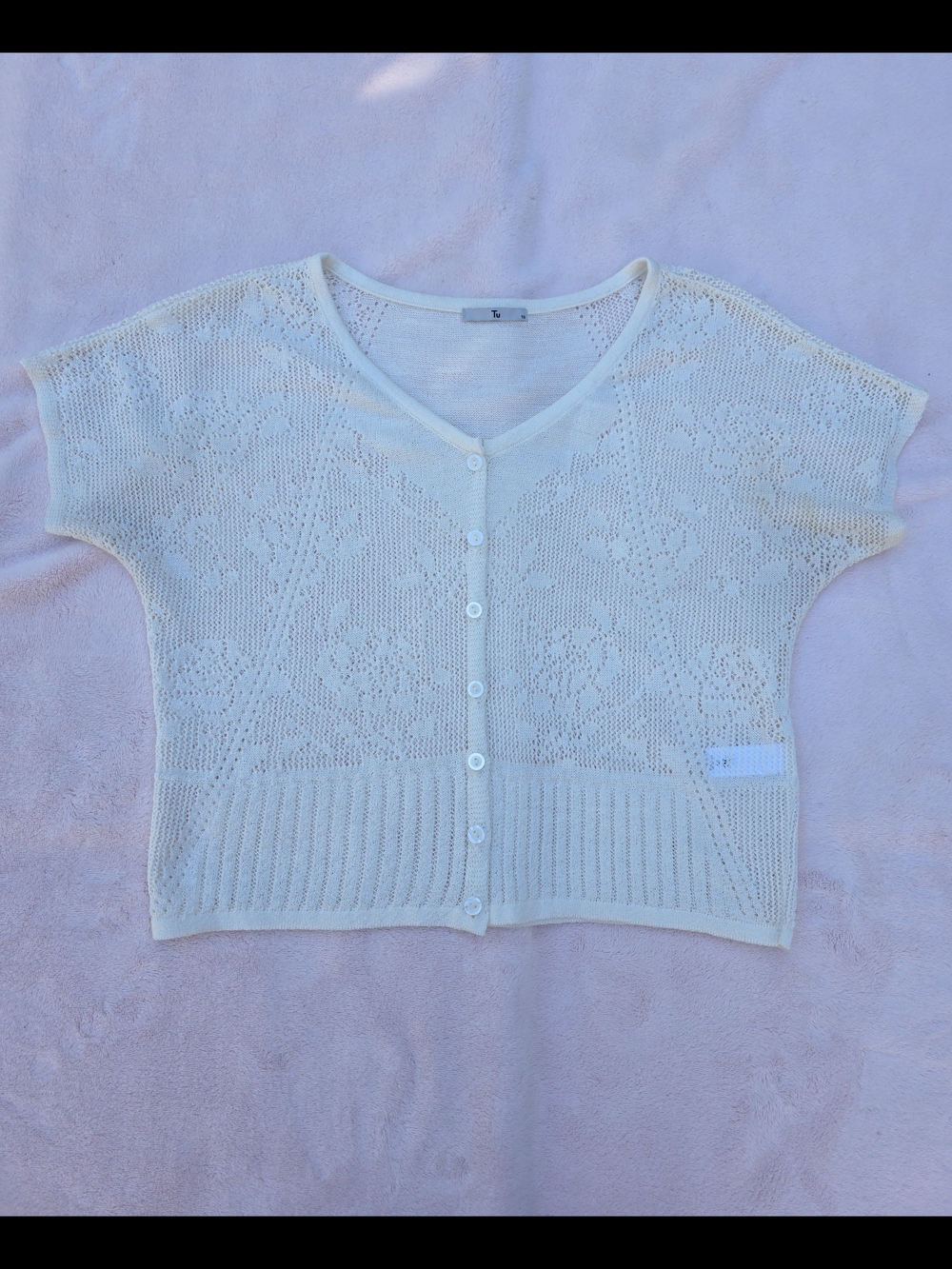 Women's Cream Knit Button-Front Short Sleeve Sweater